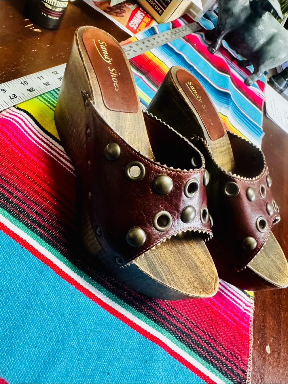 Women's Sandy Shoes made in Italy Burgundy Studded Wood Platform wedges